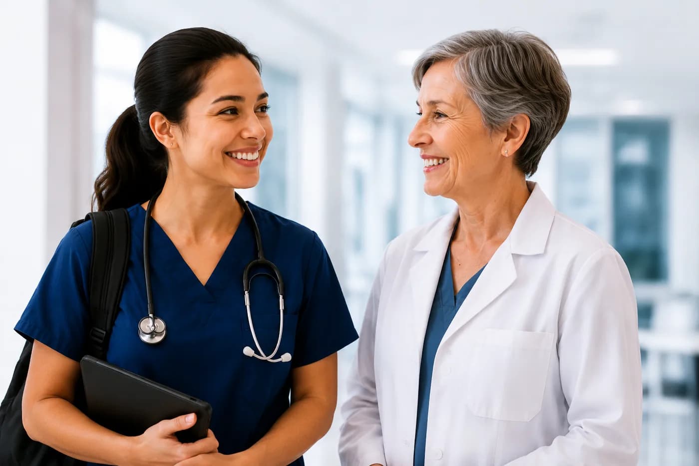 A nursing student talking with a senior clinician