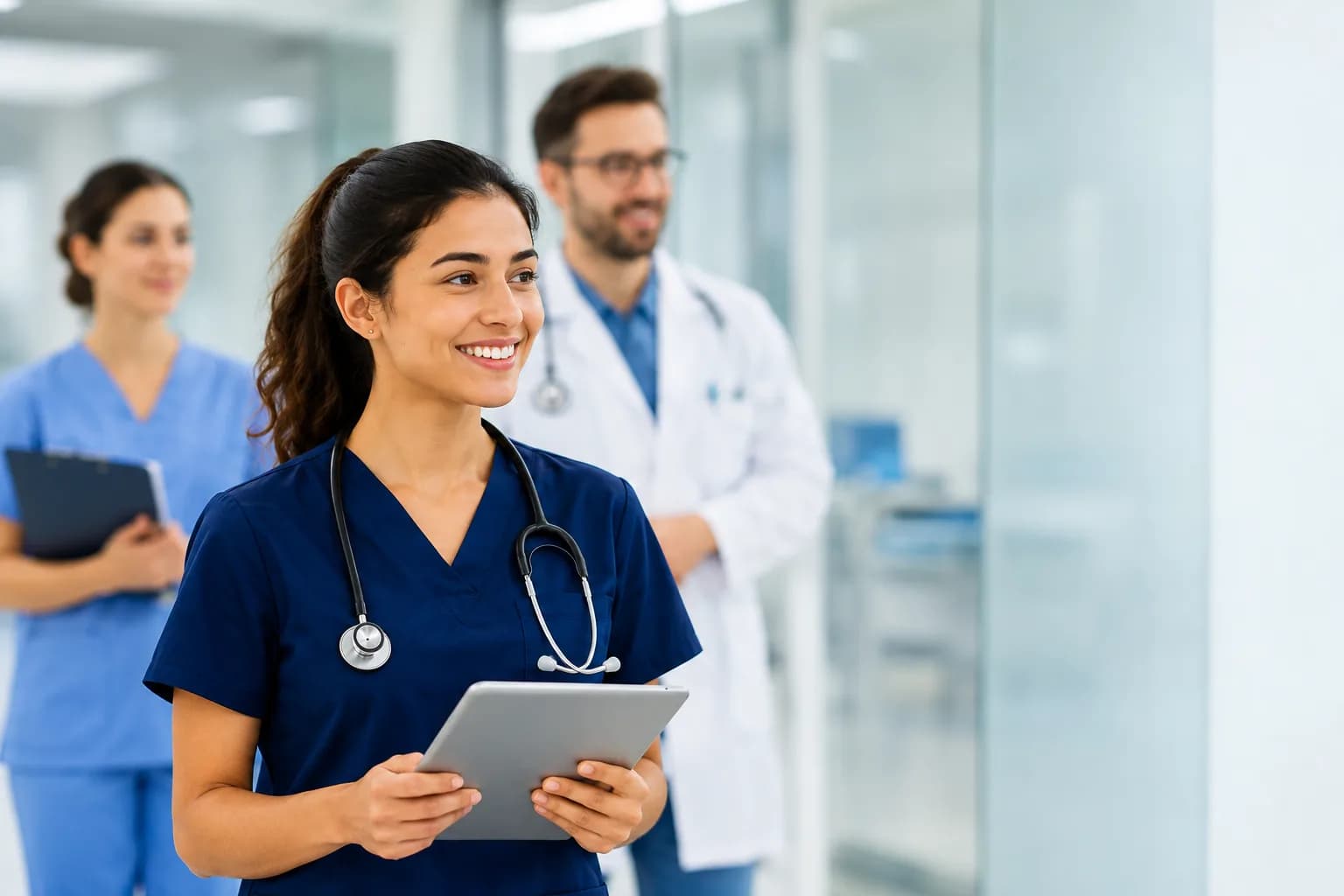 A nursing student and two clinicians on a hospital floor