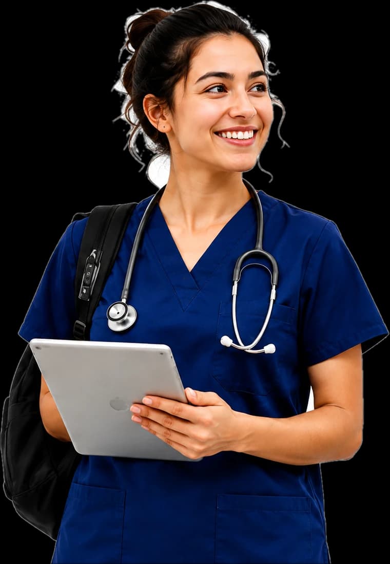 A smiling nursing student in scrubs with a stethoscope